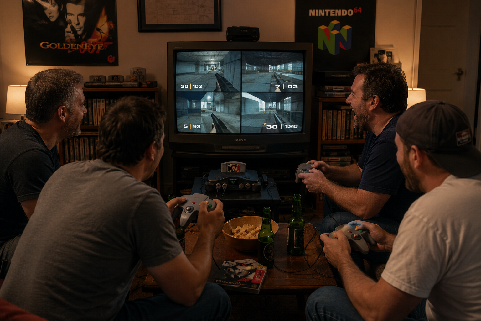 Four friends enjoying a retro multiplayer gaming night around a CRT television